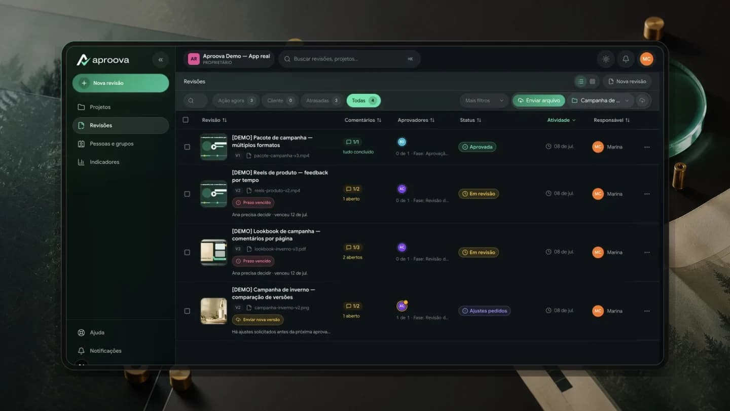 Composição editorial com a lista de revisões do workspace demonstrativo do Aproova
