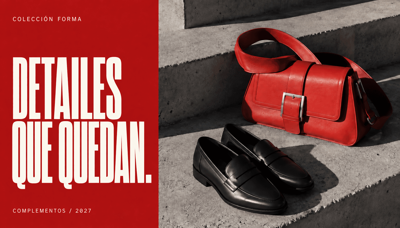 Imagen de accesorios de la colección ficticia FORMA, con bolso rojo y zapatos negros