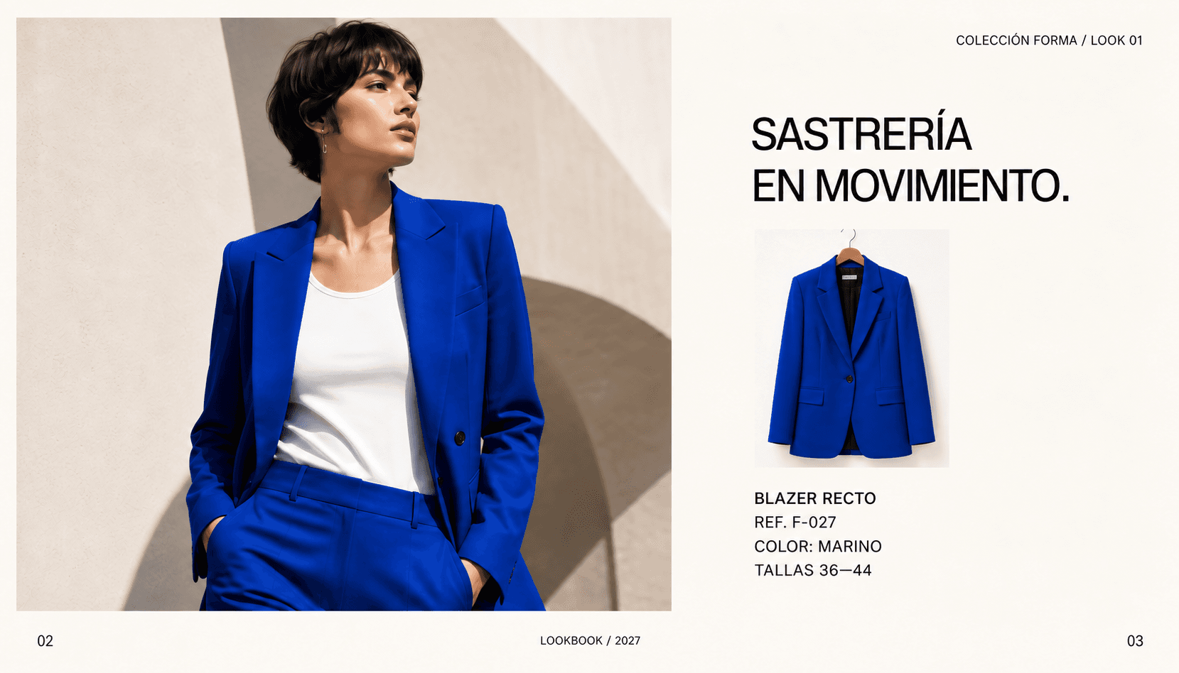 Catálogo de moda ficticio: blazer azul identificado como Marino antes del ajuste