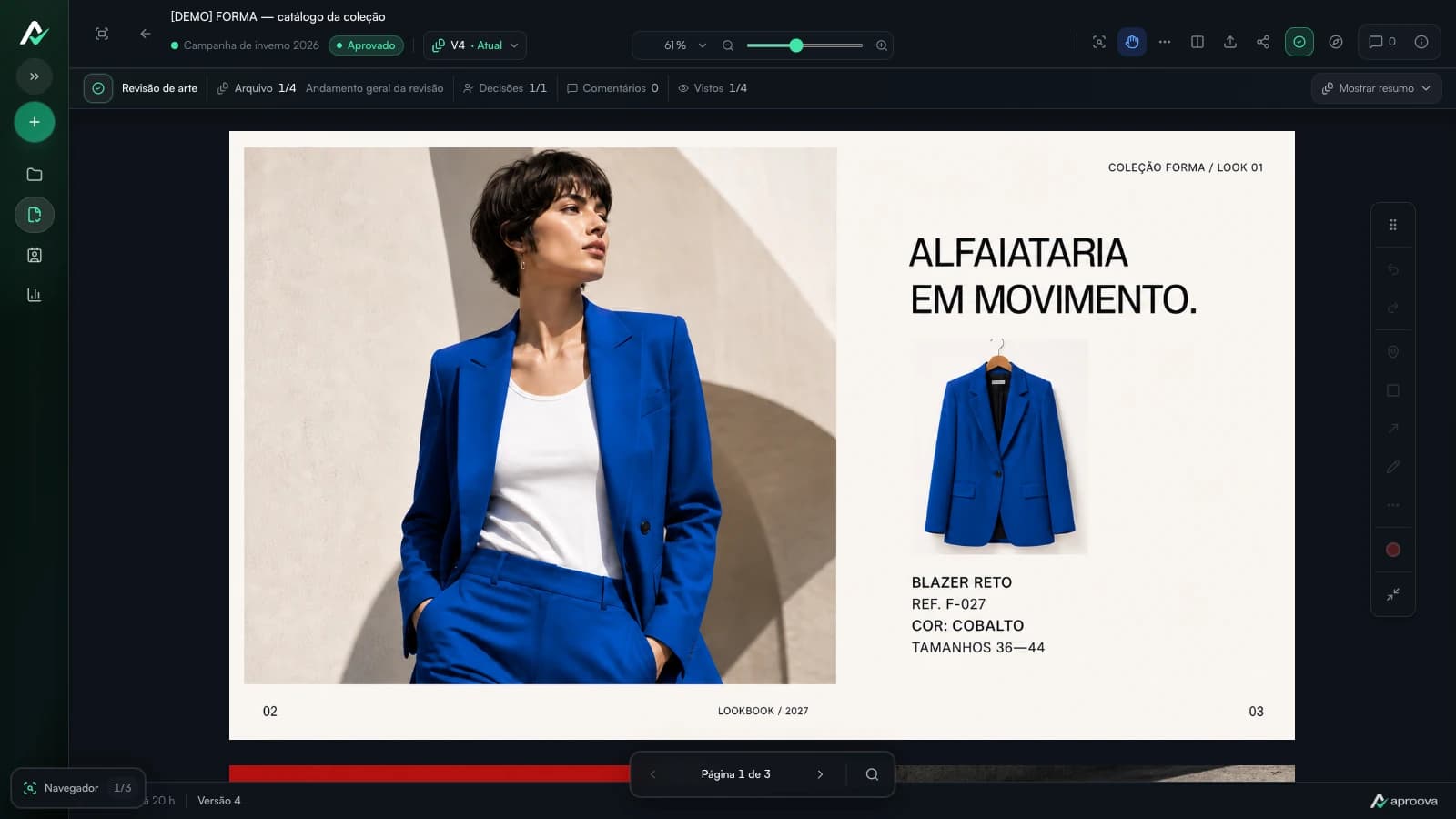 Tela real do Aproova com a versão corrigida do catálogo fictício FORMA aprovada