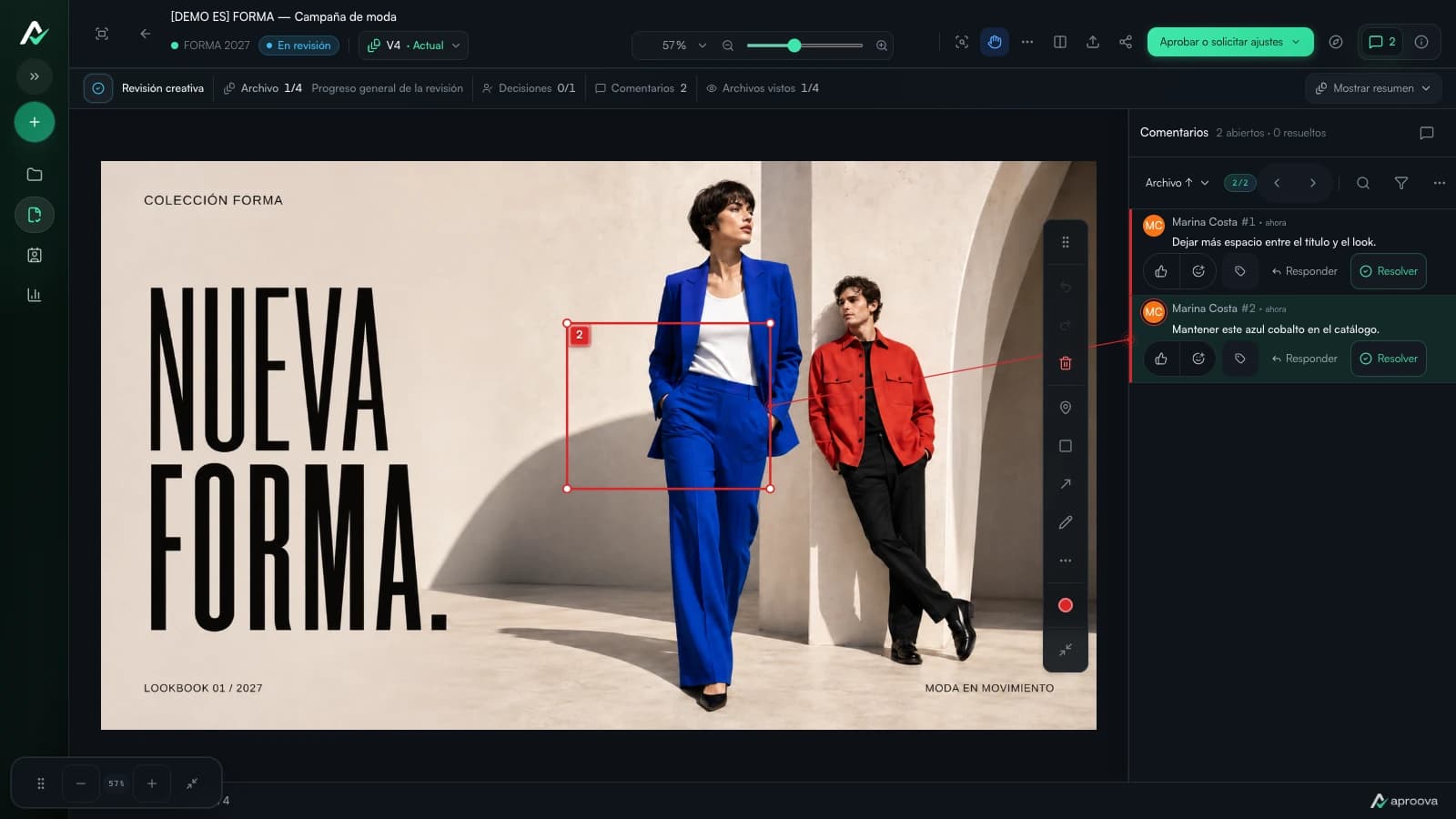 Revisión real en Aproova con marcas y comentarios en la campaña de moda FORMA