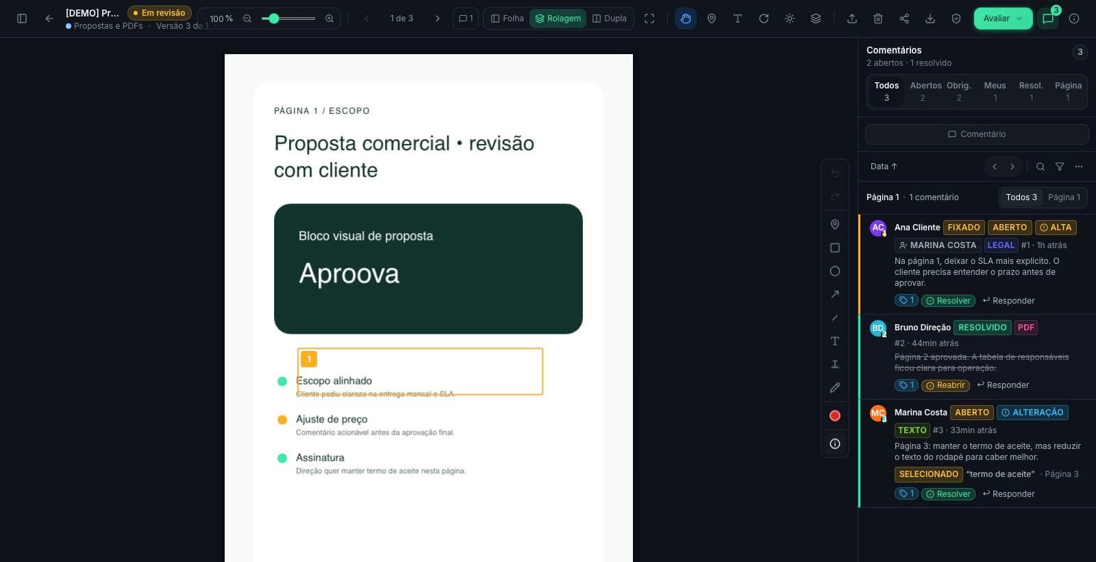 Tela do Aproova com PDF e comentários por página