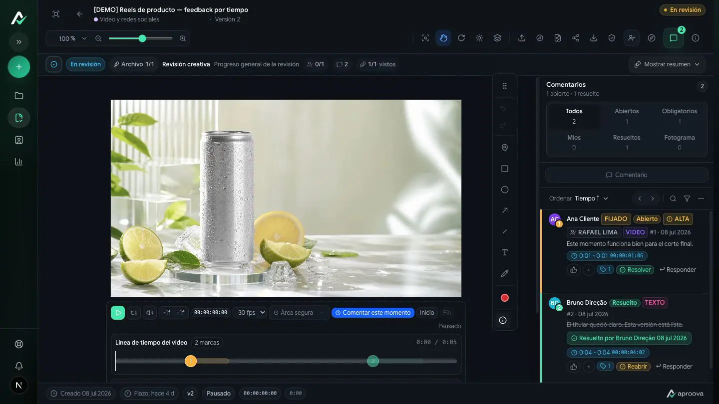Revisión real de vídeo en Aproova con reproductor, línea de tiempo y comentarios.