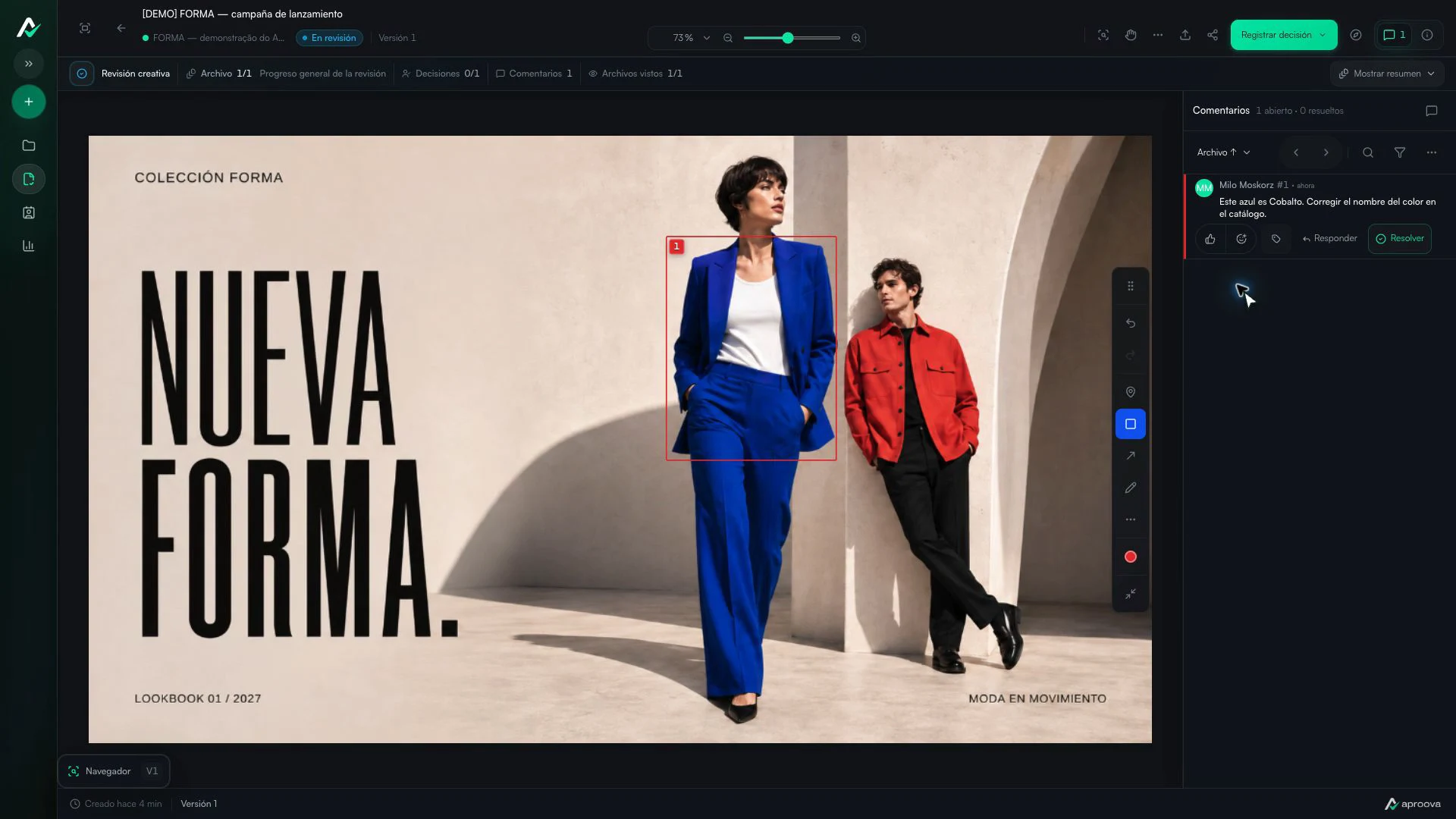 Campaña FORMA en Aproova con el blazer marcado y un comentario sobre la corrección del color